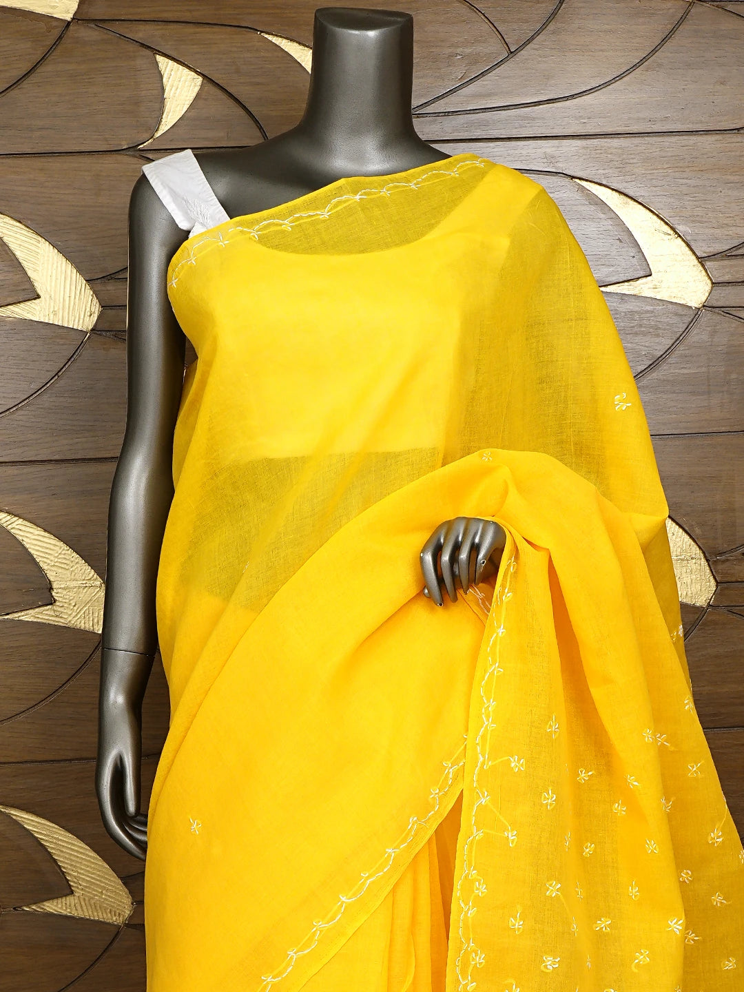 Ada Hand Embroidered Yellow Cotton Lucknowi Chikankari Saree and Blouse 01A882875