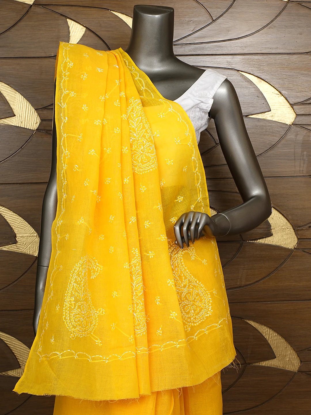 Ada Hand Embroidered Yellow Cotton Lucknowi Chikankari Saree and Blouse 01A882875