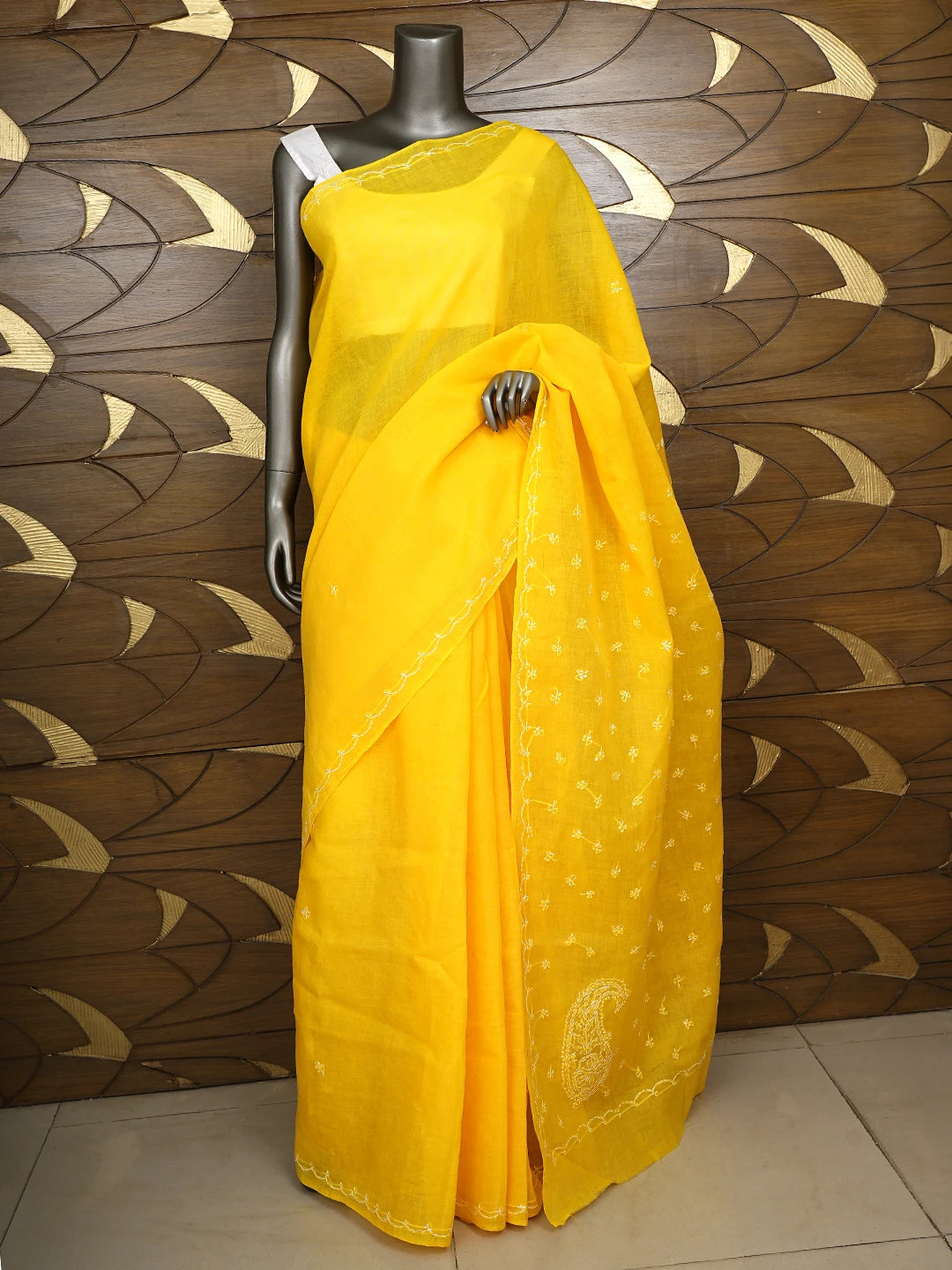 Ada Hand Embroidered Yellow Cotton Lucknowi Chikankari Saree and Blouse 01A882875
