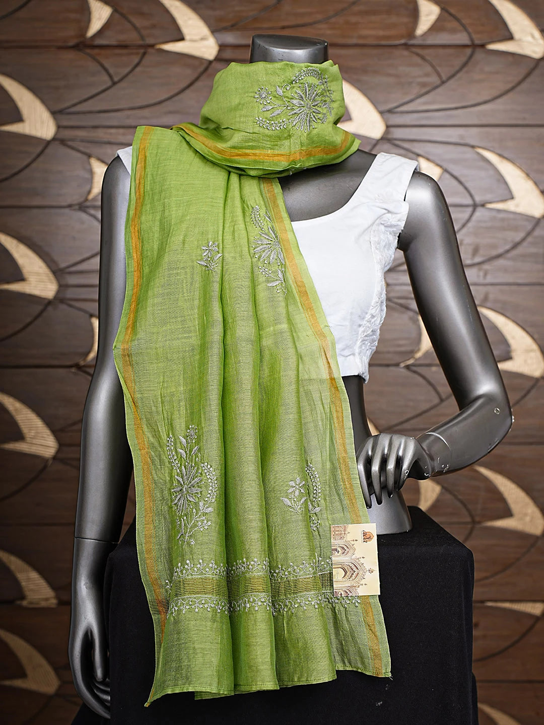Ada Hand Embroidered Forest Green Chanderi Lucknowi Chikankari Dupatta 01A836060