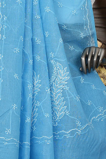 Ada Hand Embroidered Blue Cotton Lucknowi Chikankari Saree and Blouse 01A882891