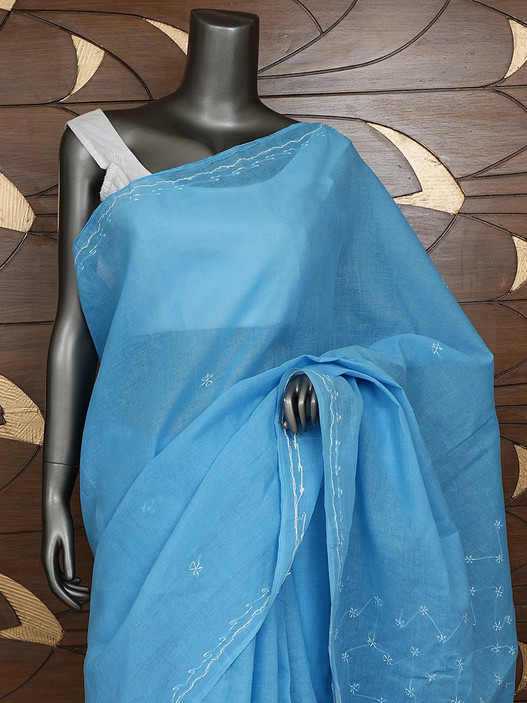 Ada Hand Embroidered Blue Cotton Lucknowi Chikankari Saree and Blouse 01A882891