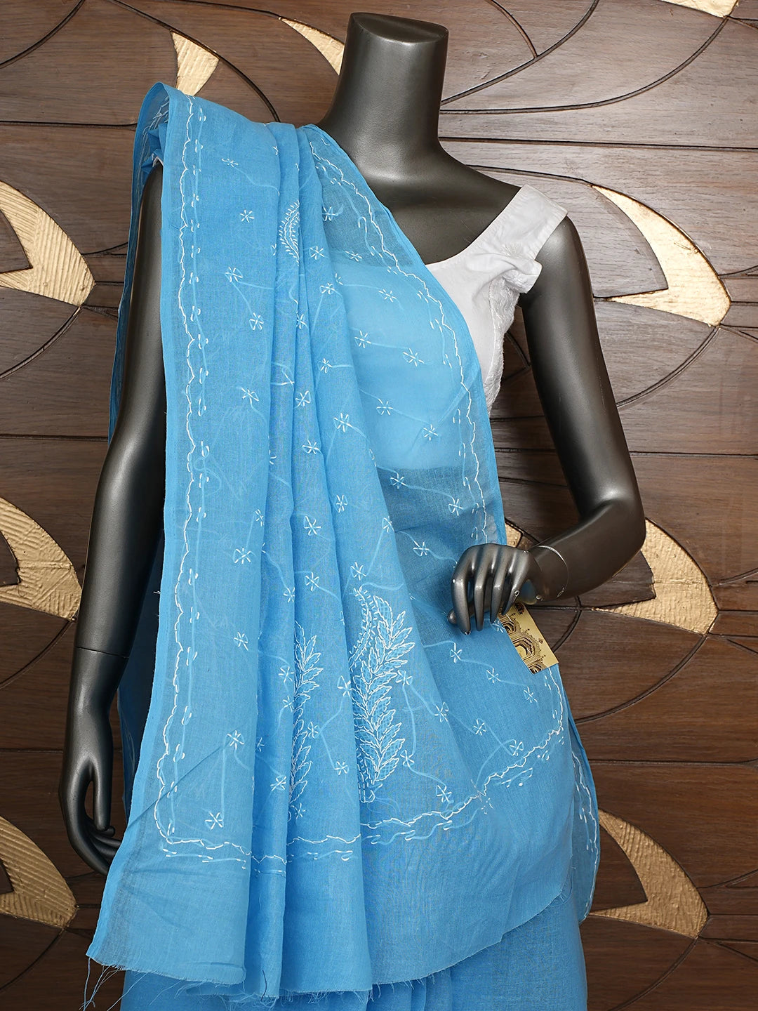 Ada Hand Embroidered Blue Cotton Lucknowi Chikankari Saree and Blouse 01A882891