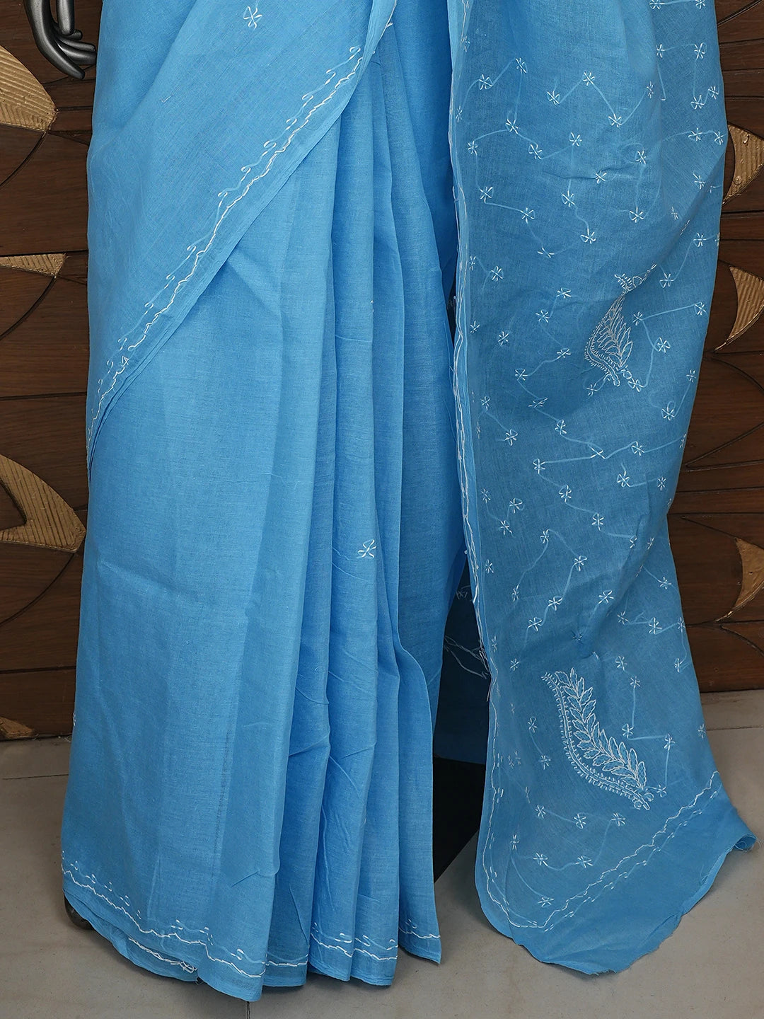 Ada Hand Embroidered Blue Cotton Lucknowi Chikankari Saree and Blouse 01A882891