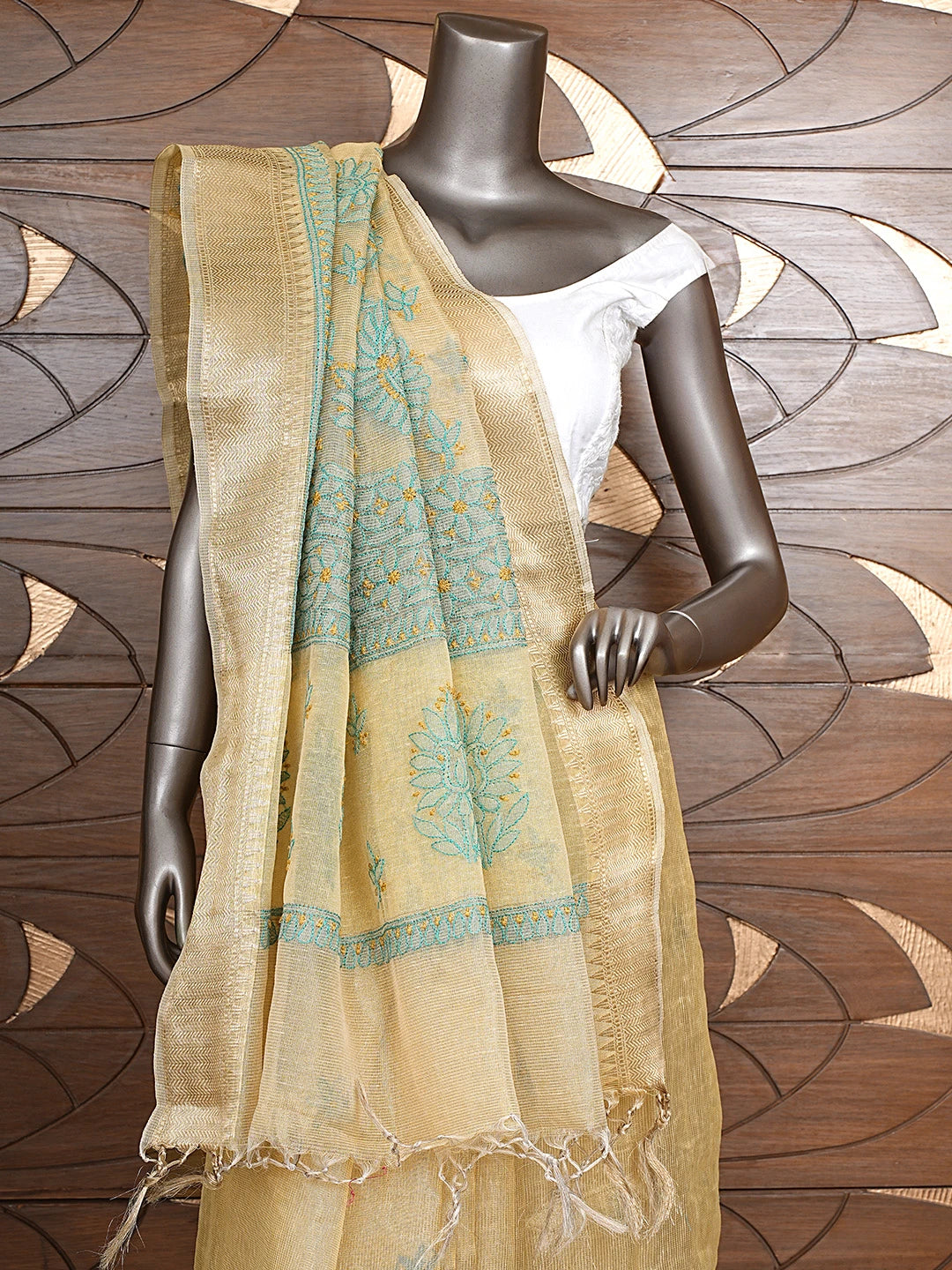 Ada Hand Embroidered Fawn Tissue Lucknowi Chikankari Saree and Blouse 01A869685