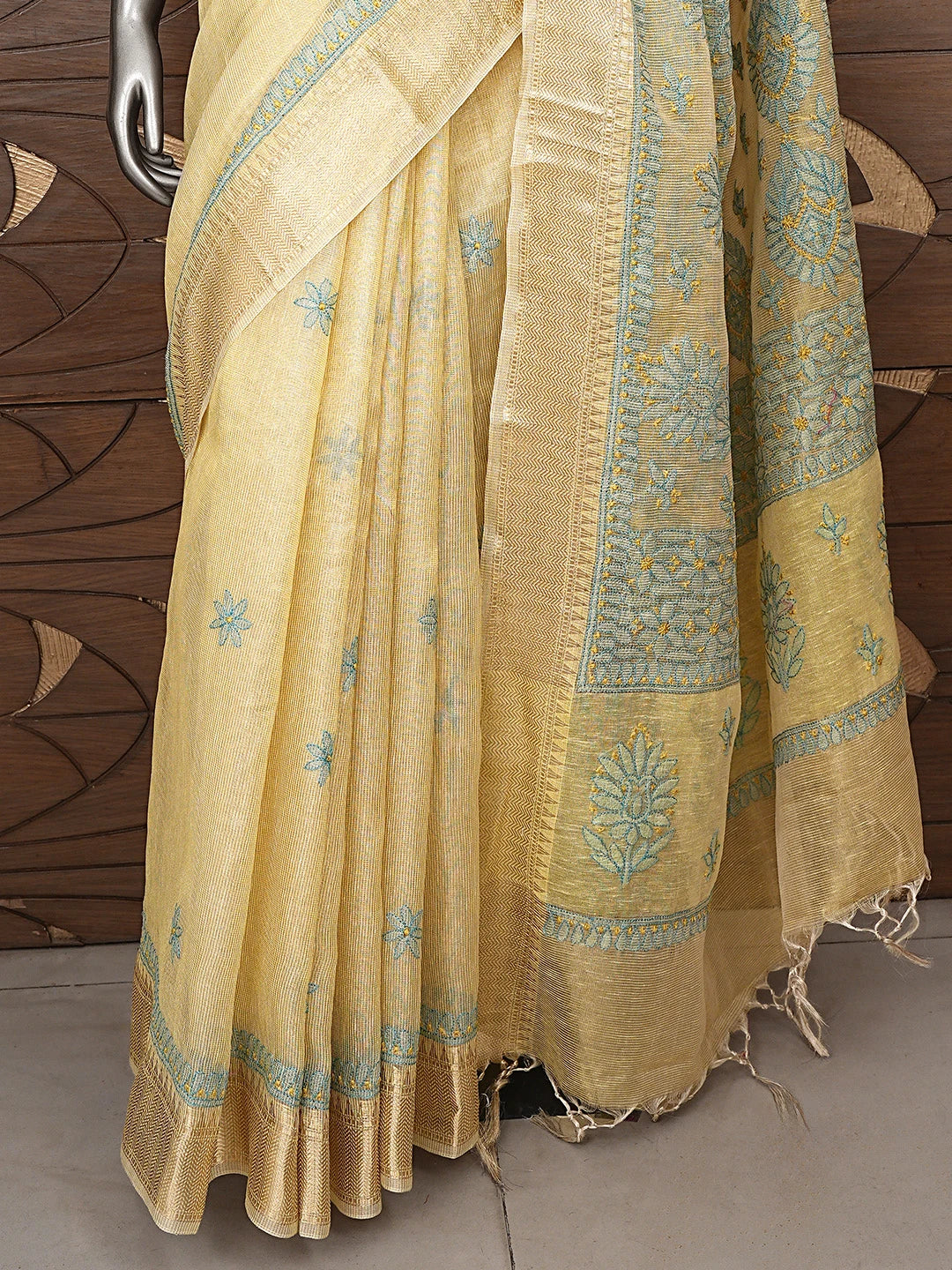 Ada Hand Embroidered Fawn Tissue Lucknowi Chikankari Saree and Blouse 01A869685