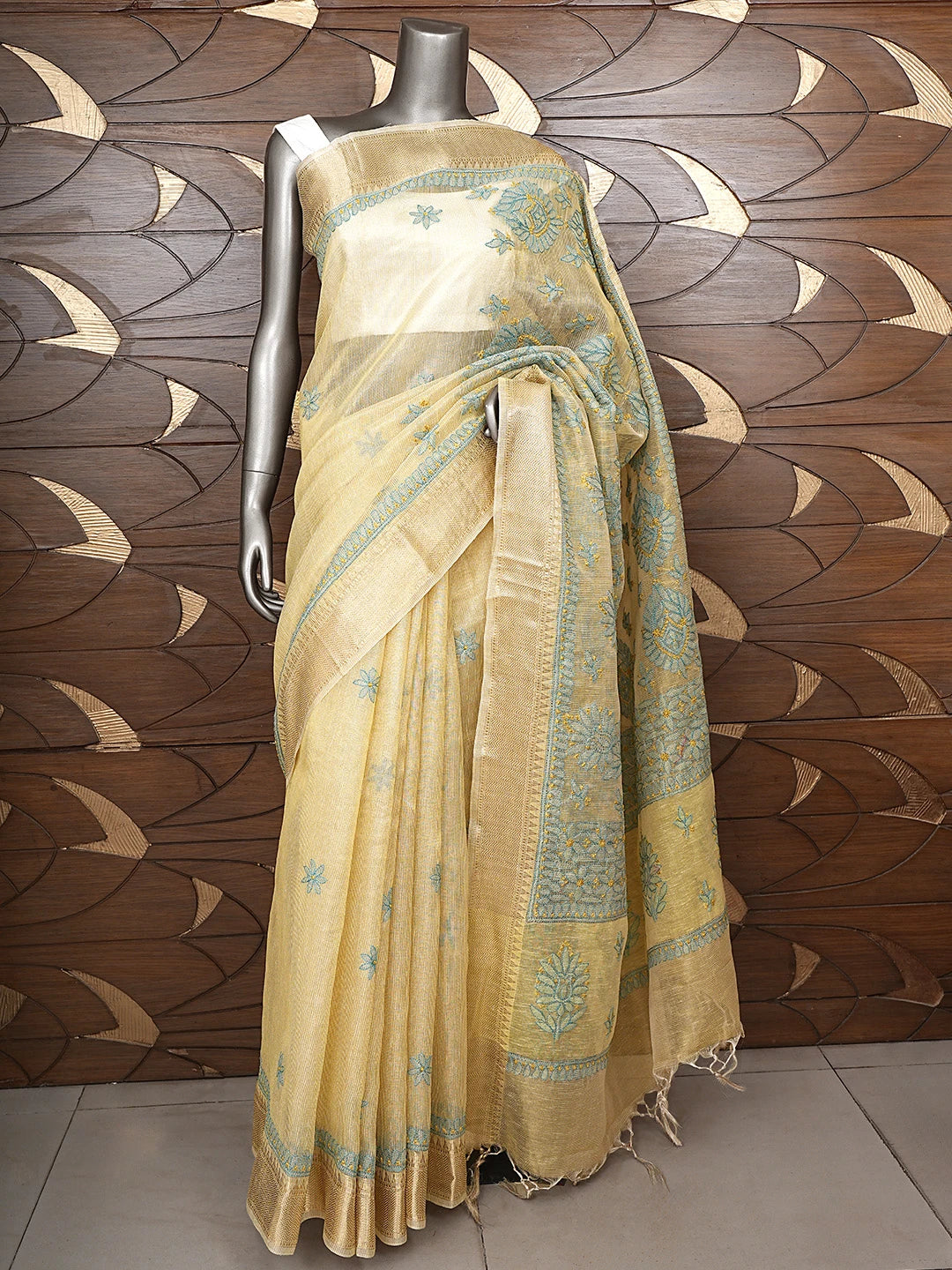 Ada Hand Embroidered Fawn Tissue Lucknowi Chikankari Saree and Blouse 01A869685