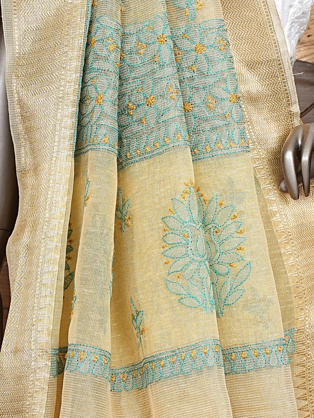 Ada Hand Embroidered Fawn Tissue Lucknowi Chikankari Saree and Blouse 01A869685