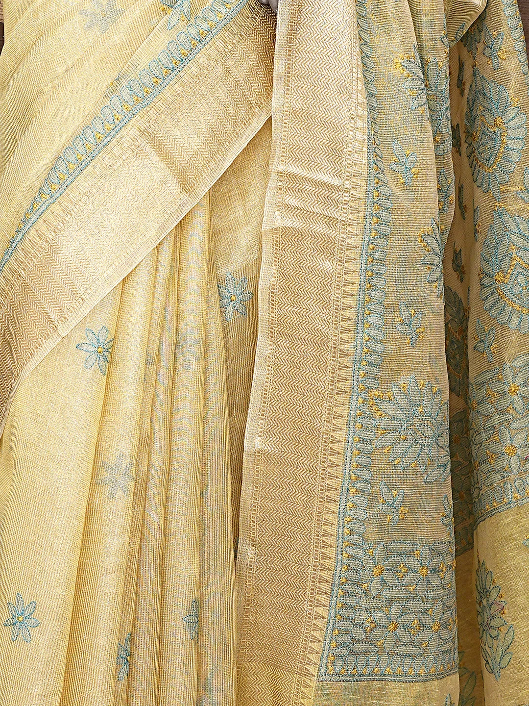 Ada Hand Embroidered Fawn Tissue Lucknowi Chikankari Saree and Blouse 01A869685