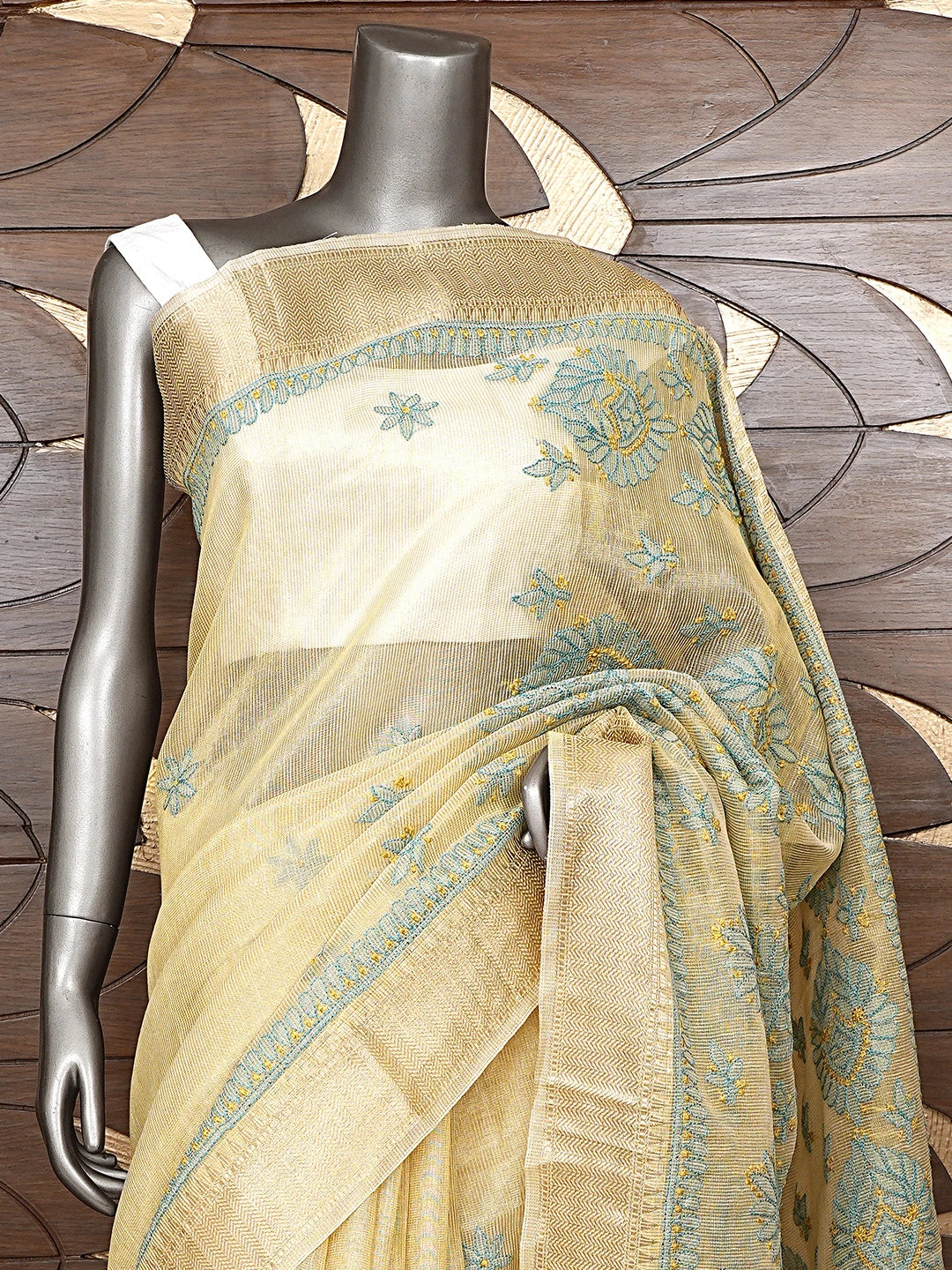 Ada Hand Embroidered Fawn Tissue Lucknowi Chikankari Saree and Blouse 01A869685