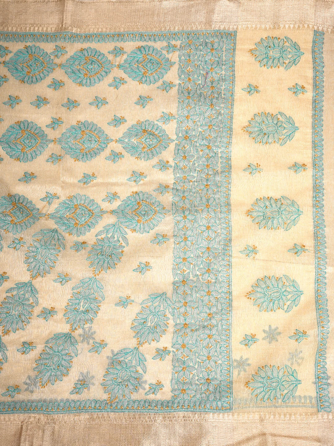 Ada Hand Embroidered Fawn Tissue Lucknowi Chikankari Saree and Blouse 01A869685
