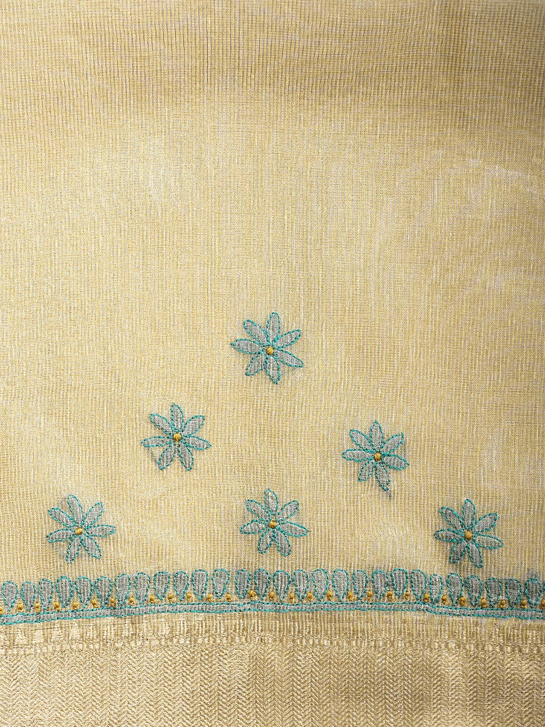 Ada Hand Embroidered Fawn Tissue Lucknowi Chikankari Saree and Blouse 01A869685
