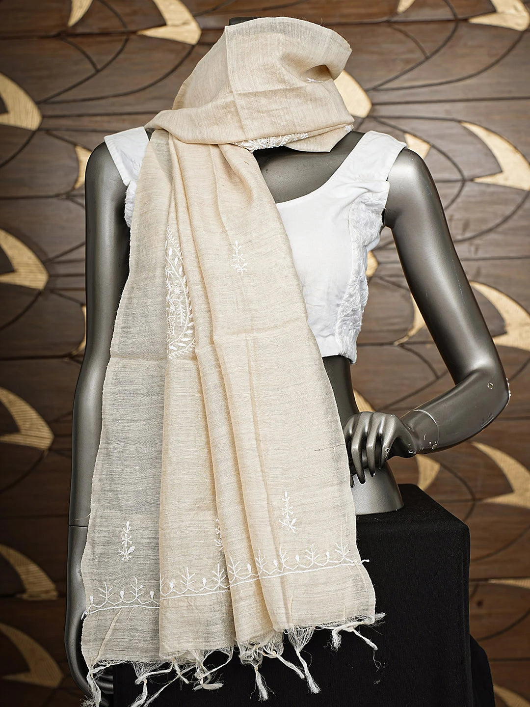 Ada Hand Embroidered Fawn Moonga Silk Lucknowi Chikankari Dupatta 01A881919