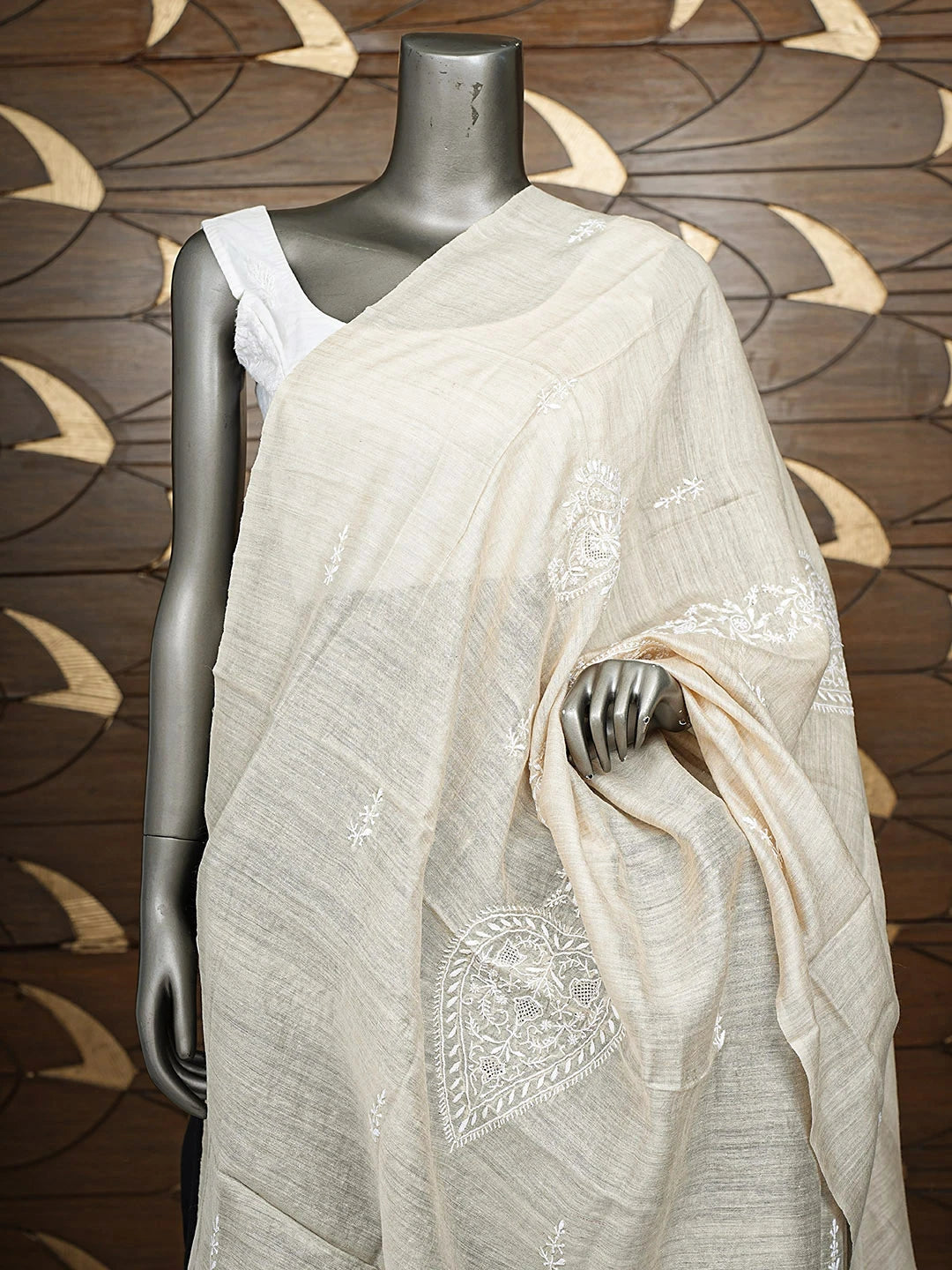 Ada Hand Embroidered Fawn Moonga Silk Lucknowi Chikankari Dupatta 01A881919