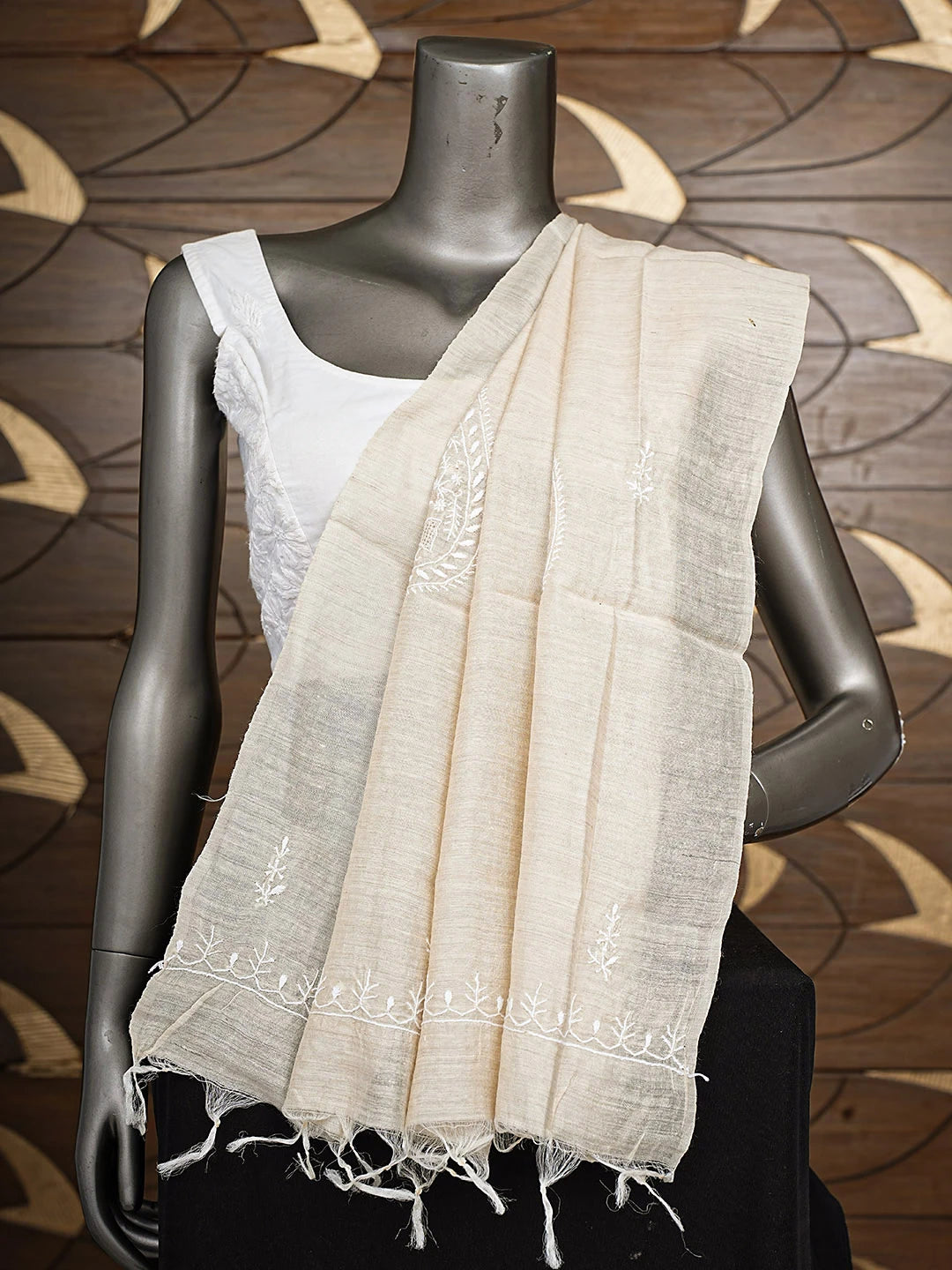 Ada Hand Embroidered Fawn Moonga Silk Lucknowi Chikankari Dupatta 01A881919
