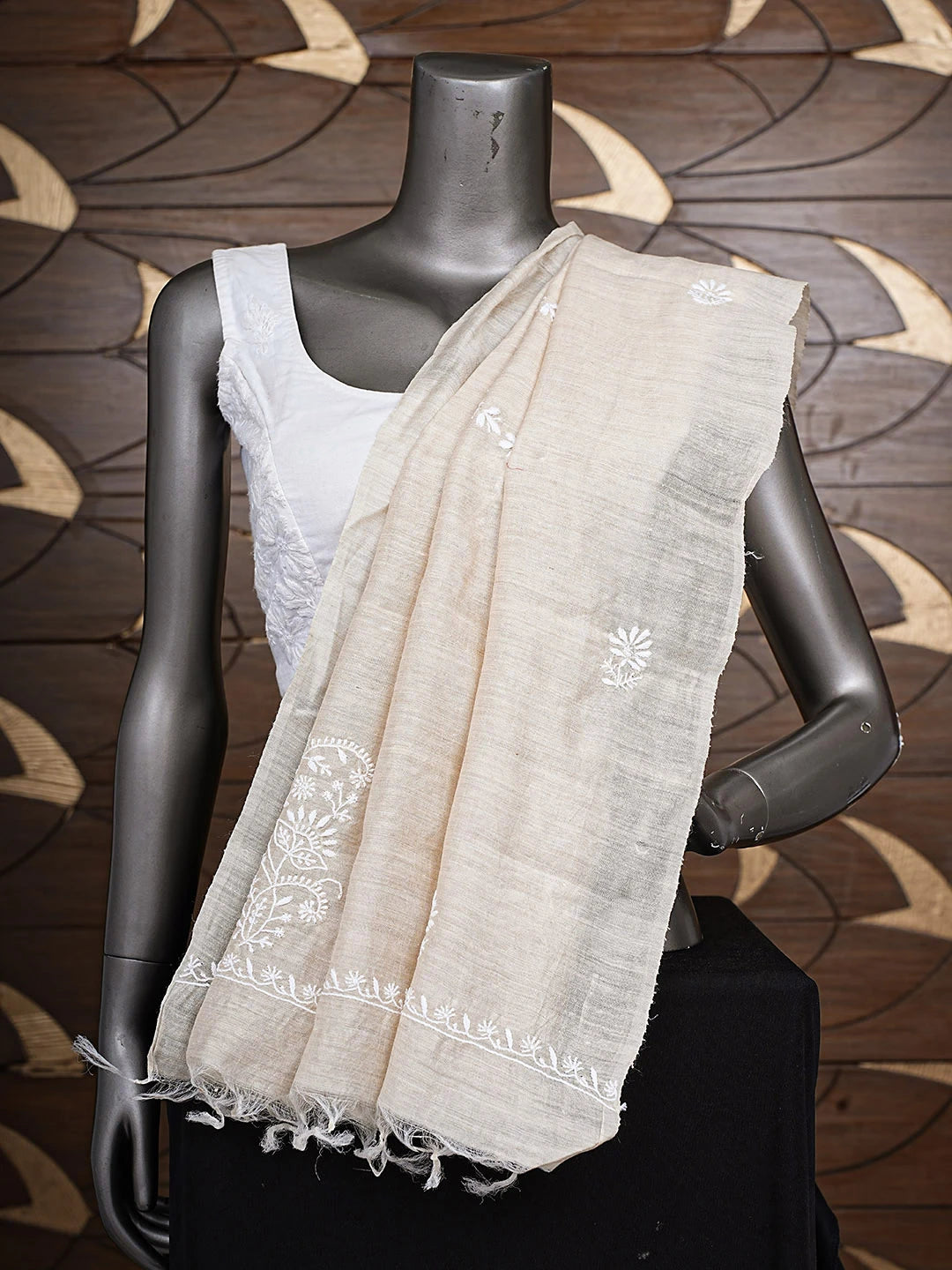 Ada Hand Embroidered Fawn Moonga Silk Lucknowi Chikankari Dupatta 01A881935