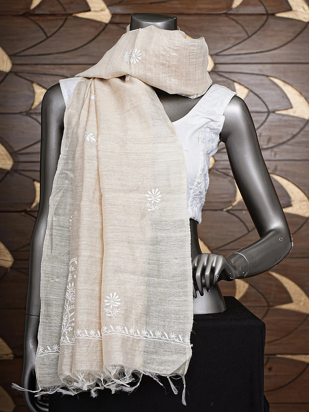 Ada Hand Embroidered Fawn Moonga Silk Lucknowi Chikankari Dupatta 01A881935