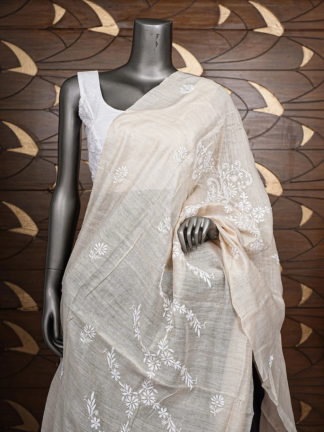 Ada Hand Embroidered Fawn Moonga Silk Lucknowi Chikankari Dupatta 01A881935