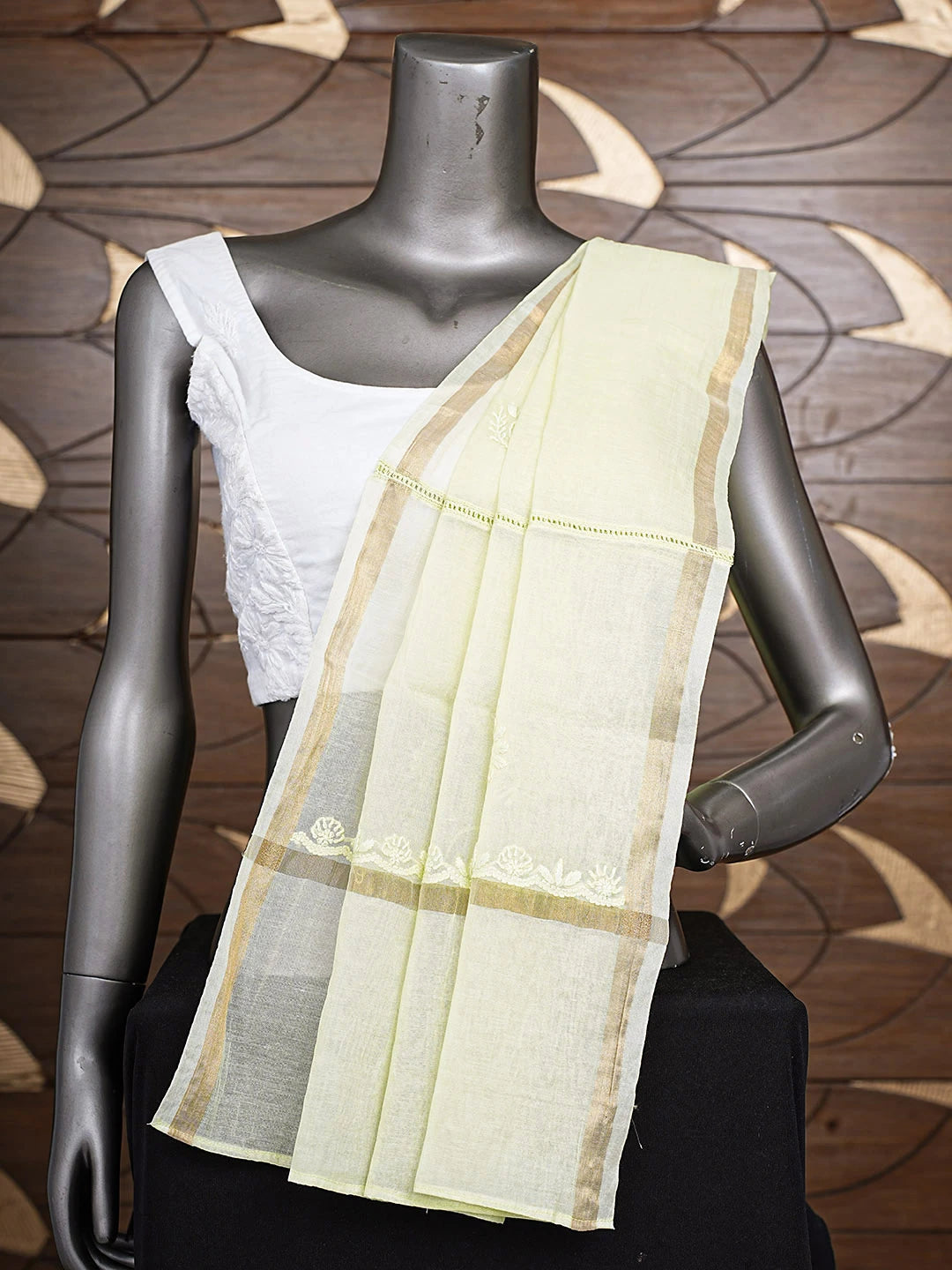 Ada Hand Embroidered Lime Green Chanderi  Lucknowi Chikankari Dupatta 01A914671