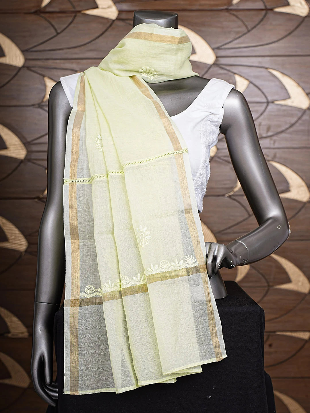 Ada Hand Embroidered Lime Green Chanderi  Lucknowi Chikankari Dupatta 01A914671