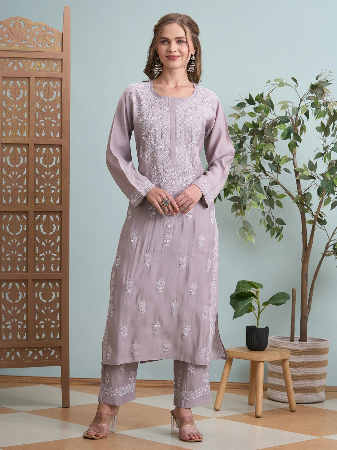 Ada Hand Embroidered Dusty Pink Chanderi Lucknowi Chikankari Kurta Set A811362