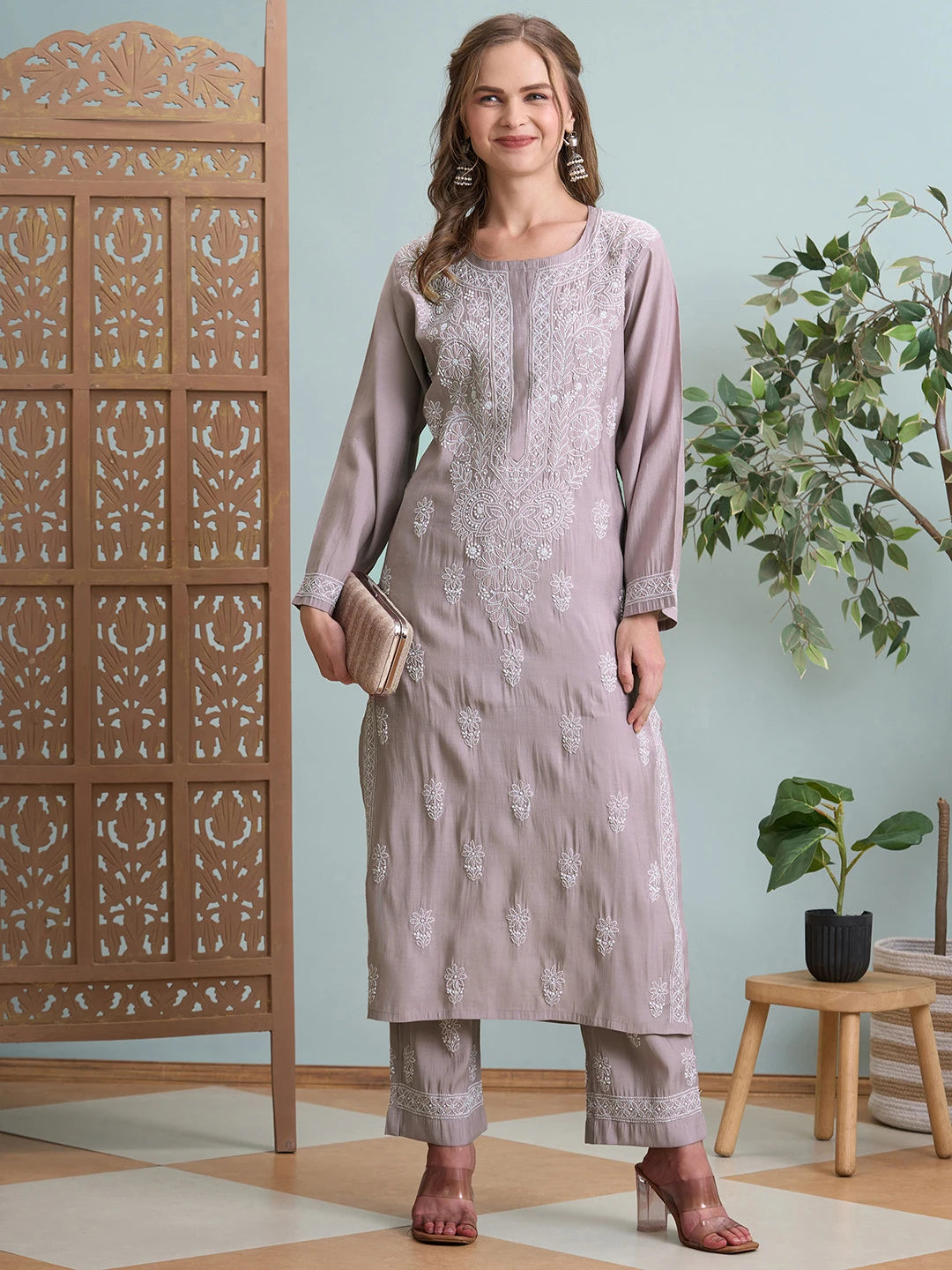 Ada Hand Embroidered Dusty Pink Chanderi Lucknowi Chikankari Kurta Set A811362