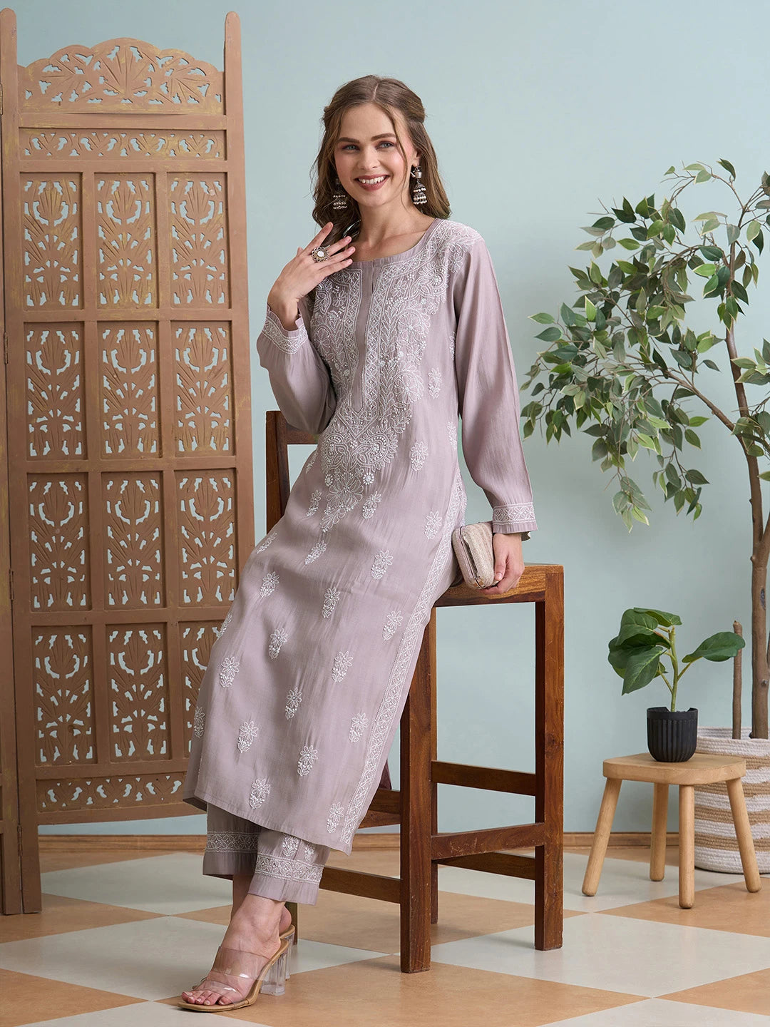 Ada Hand Embroidered Dusty Pink Chanderi Lucknowi Chikankari Kurta Set A811362