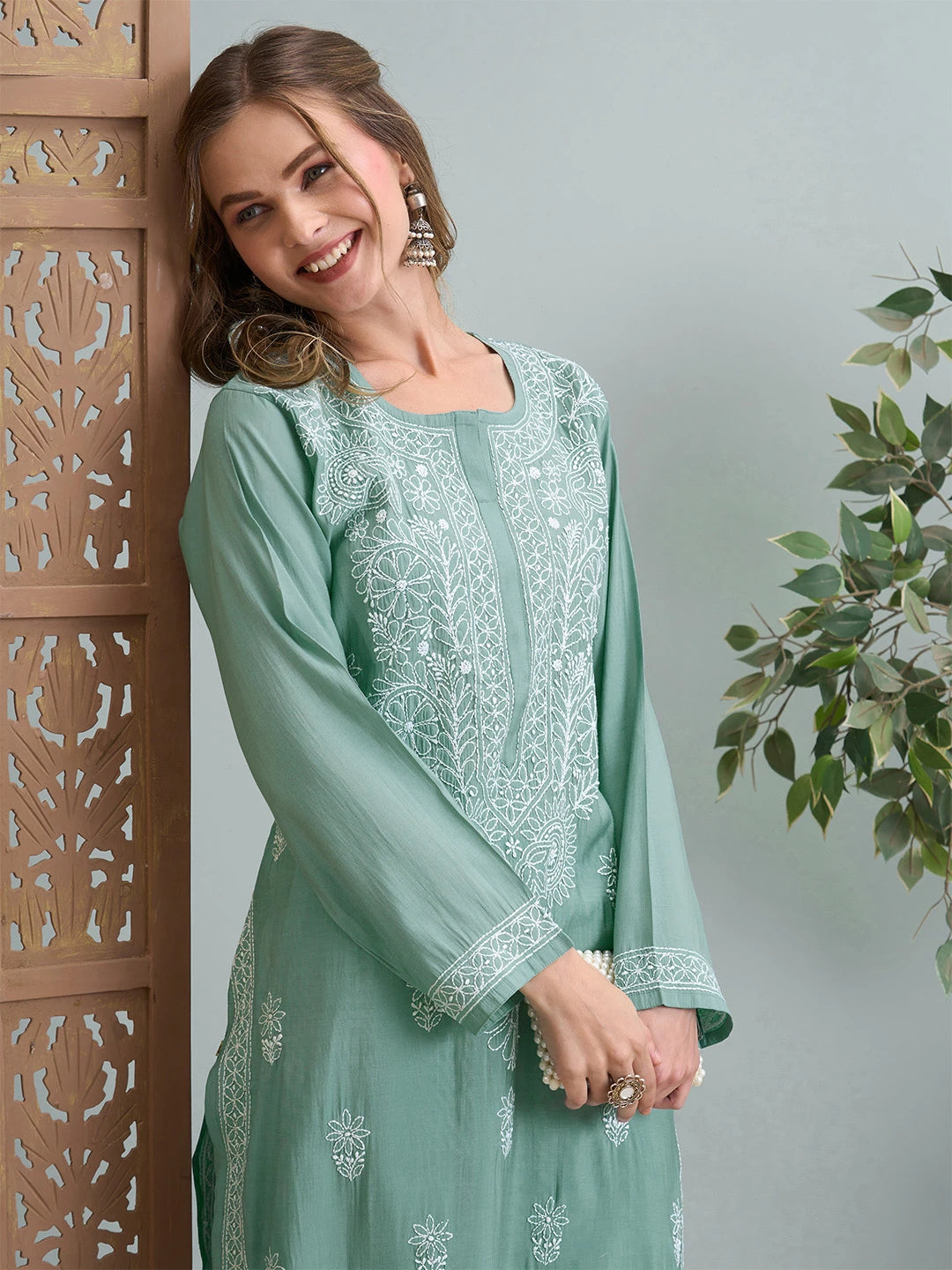 Ada Hand Embroidered Teal Green Chanderi Lucknowi Chikankari Kurta Set A811361
