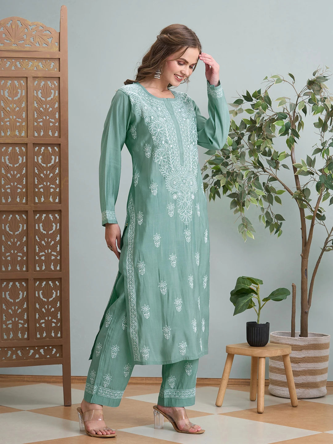 Ada Hand Embroidered Teal Green Chanderi Lucknowi Chikankari Kurta Set A811361