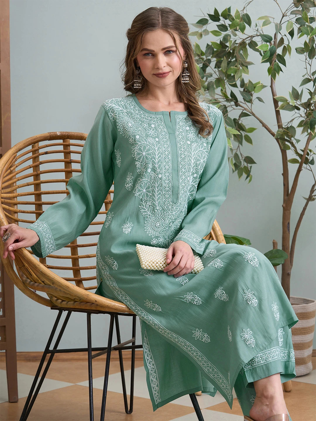 Ada Hand Embroidered Teal Green Chanderi Lucknowi Chikankari Kurta Set A811361
