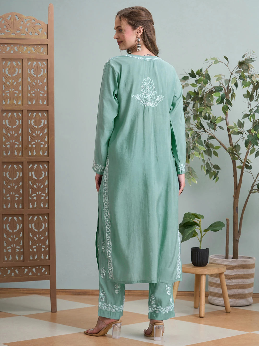 Ada Hand Embroidered Teal Green Chanderi Lucknowi Chikankari Kurta Set A811361