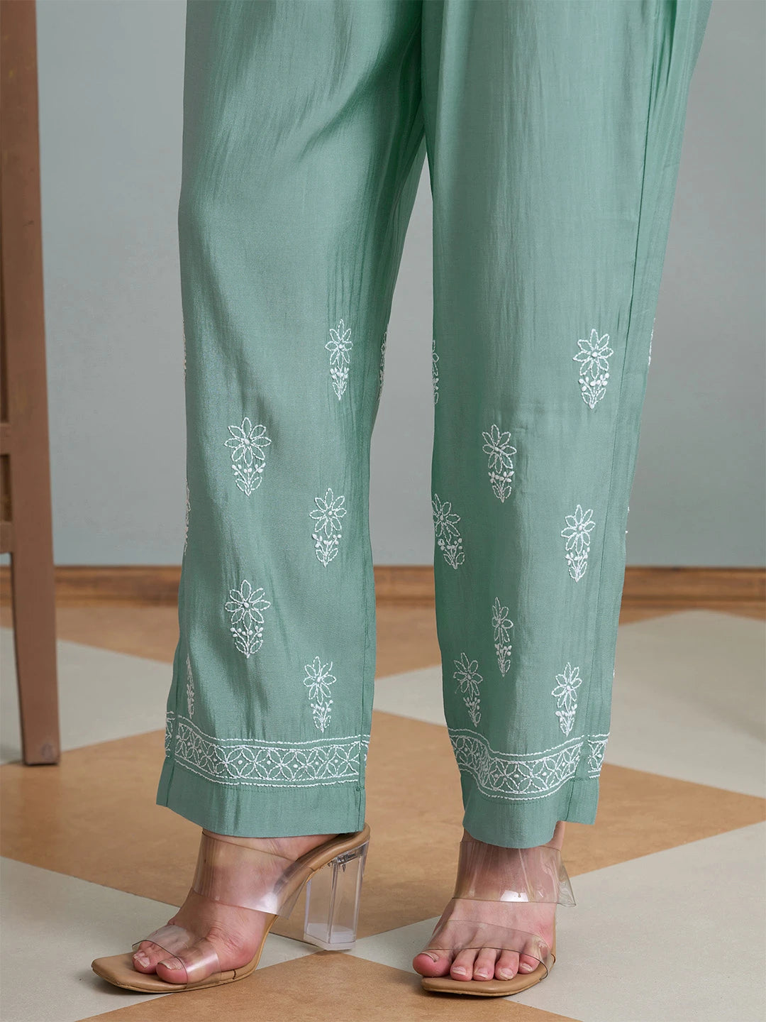 Ada Hand Embroidered Teal Green Chanderi Lucknowi Chikankari Kurta Set A811361