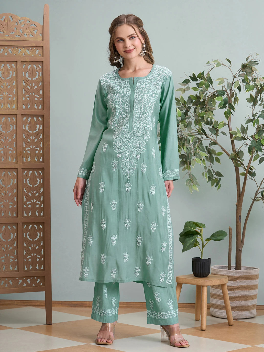 Ada Hand Embroidered Teal Green Chanderi Lucknowi Chikankari Kurta Set A811361