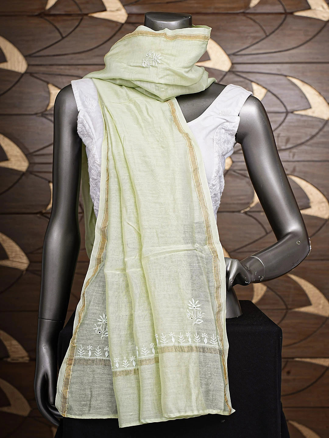 Ada Hand Embroidered Green Chanderi Lucknowi Chikankari Dupatta 01A923300