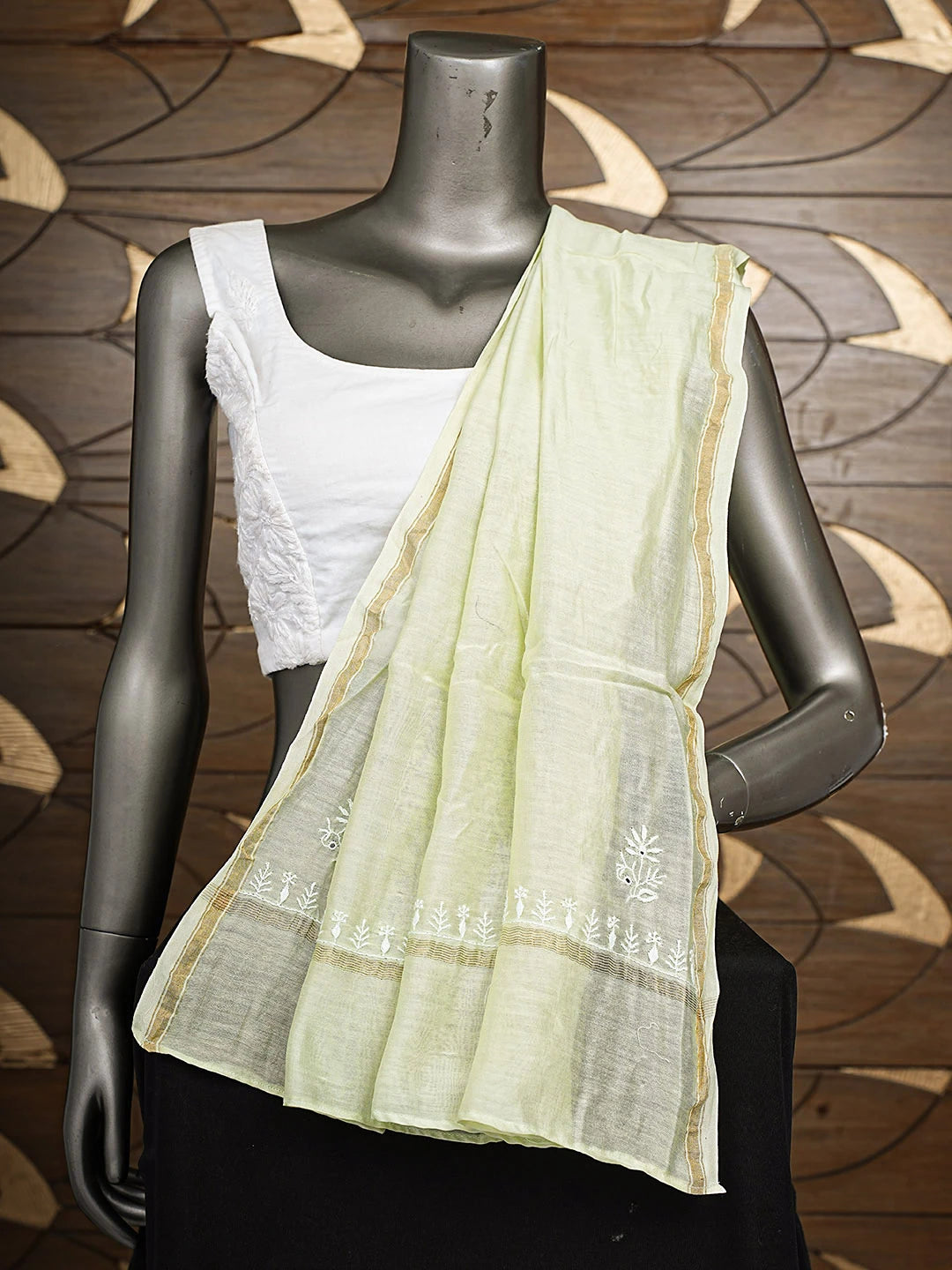 Ada Hand Embroidered Green Chanderi Lucknowi Chikankari Dupatta 01A923300