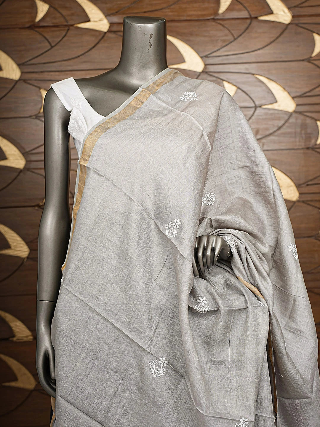 Ada Hand Embroidered Grey Silk Lucknowi Chikankari Dupatta 01A923430