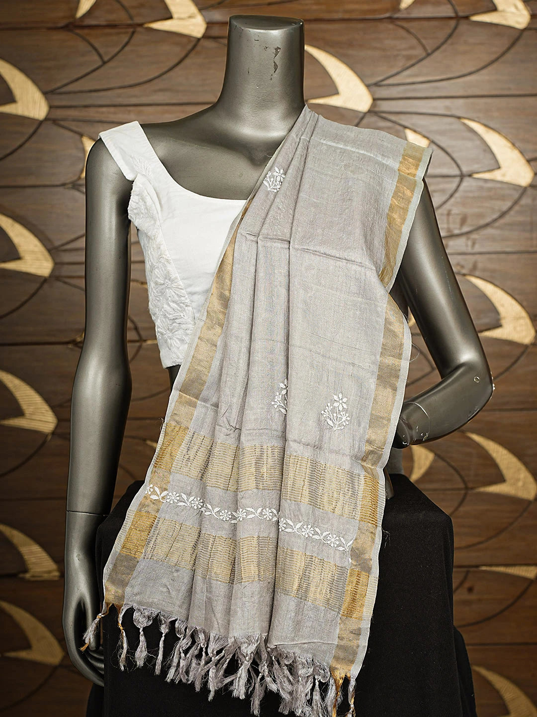 Ada Hand Embroidered Grey Silk Lucknowi Chikankari Dupatta 01A923430