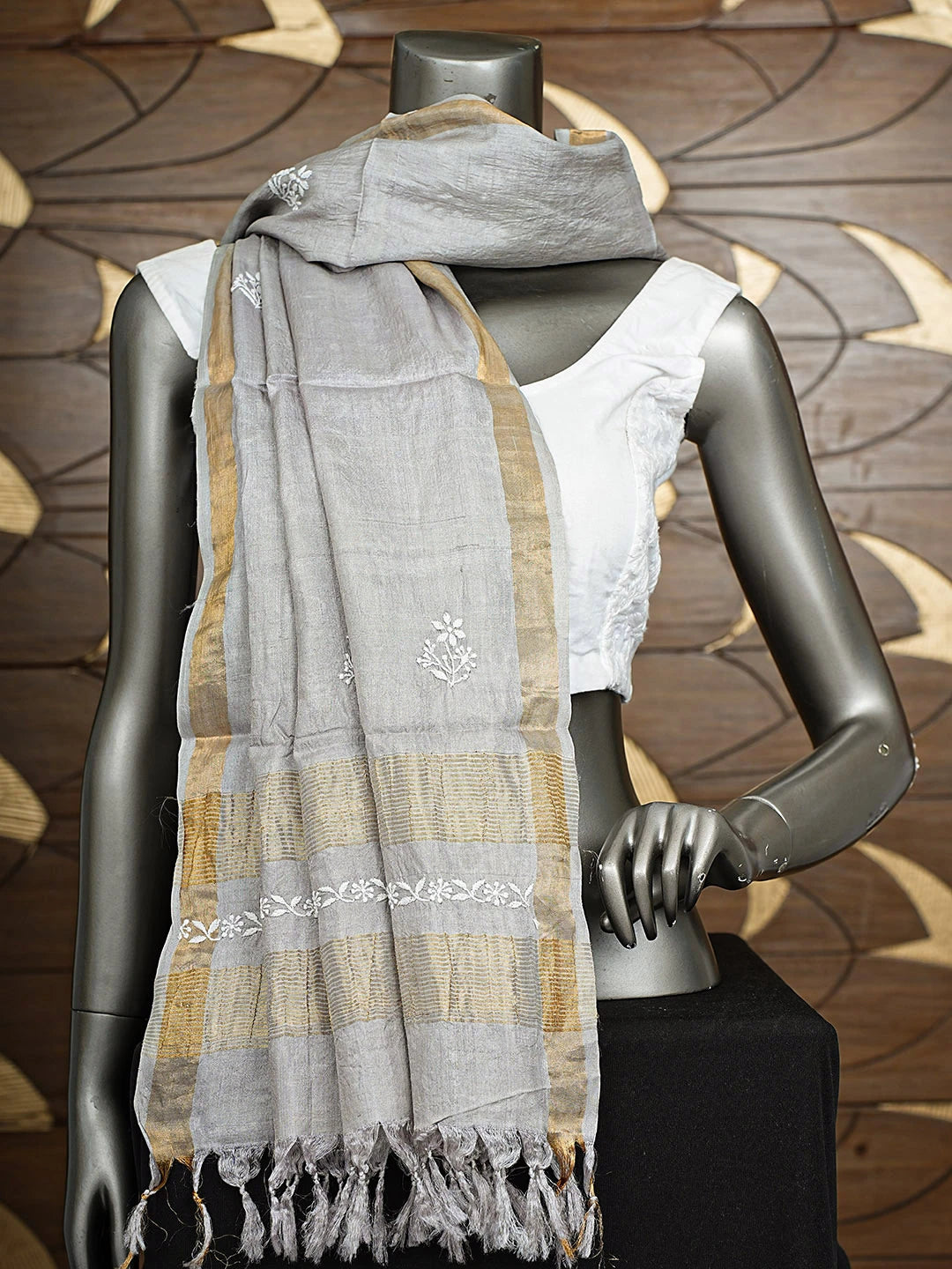 Ada Hand Embroidered Grey Silk Lucknowi Chikankari Dupatta 01A923430