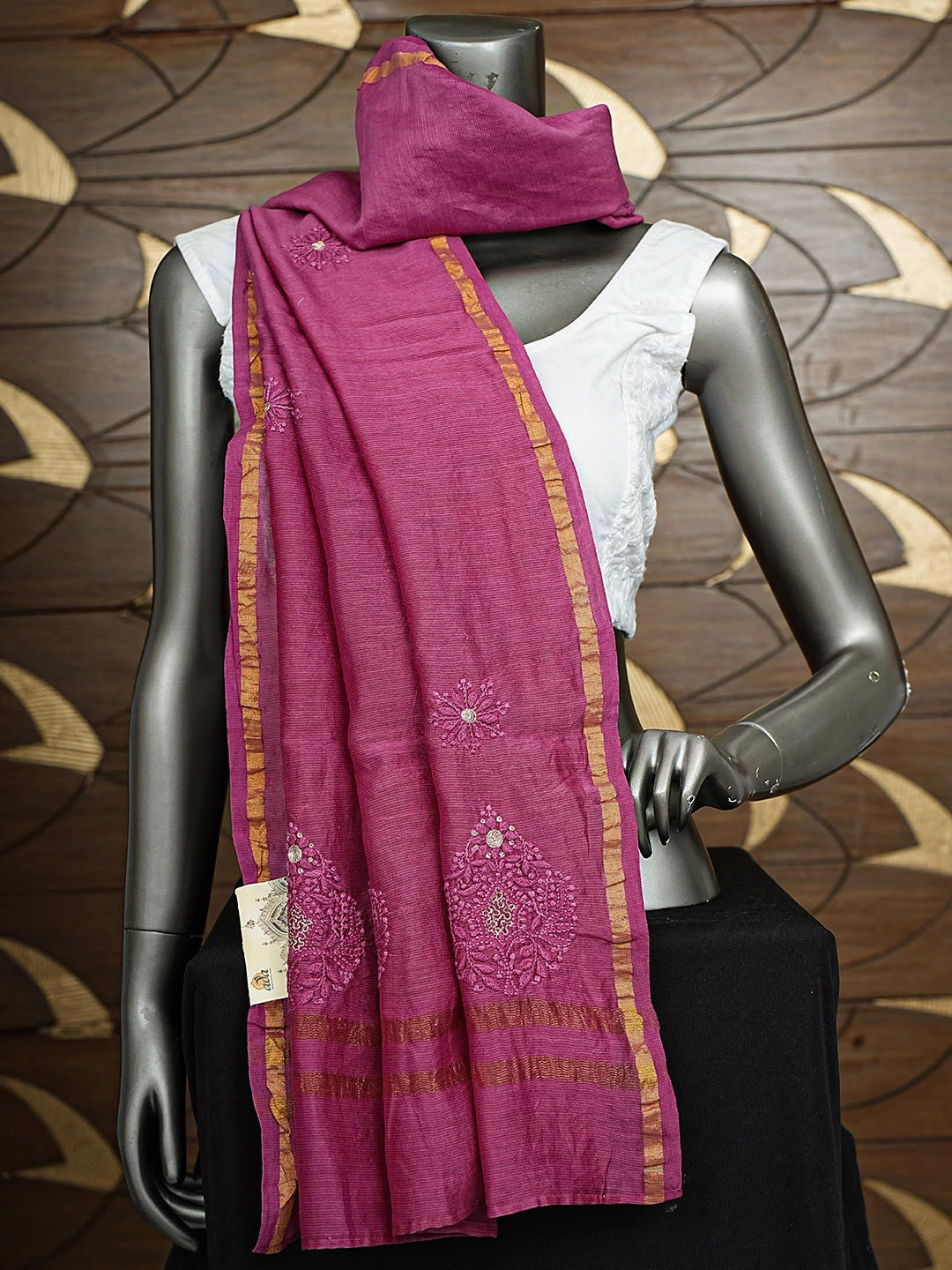 Ada Hand Embroidered Maroon Chanderi Lucknowi Chikankari Dupatta With Zari Taar Work 01A868357