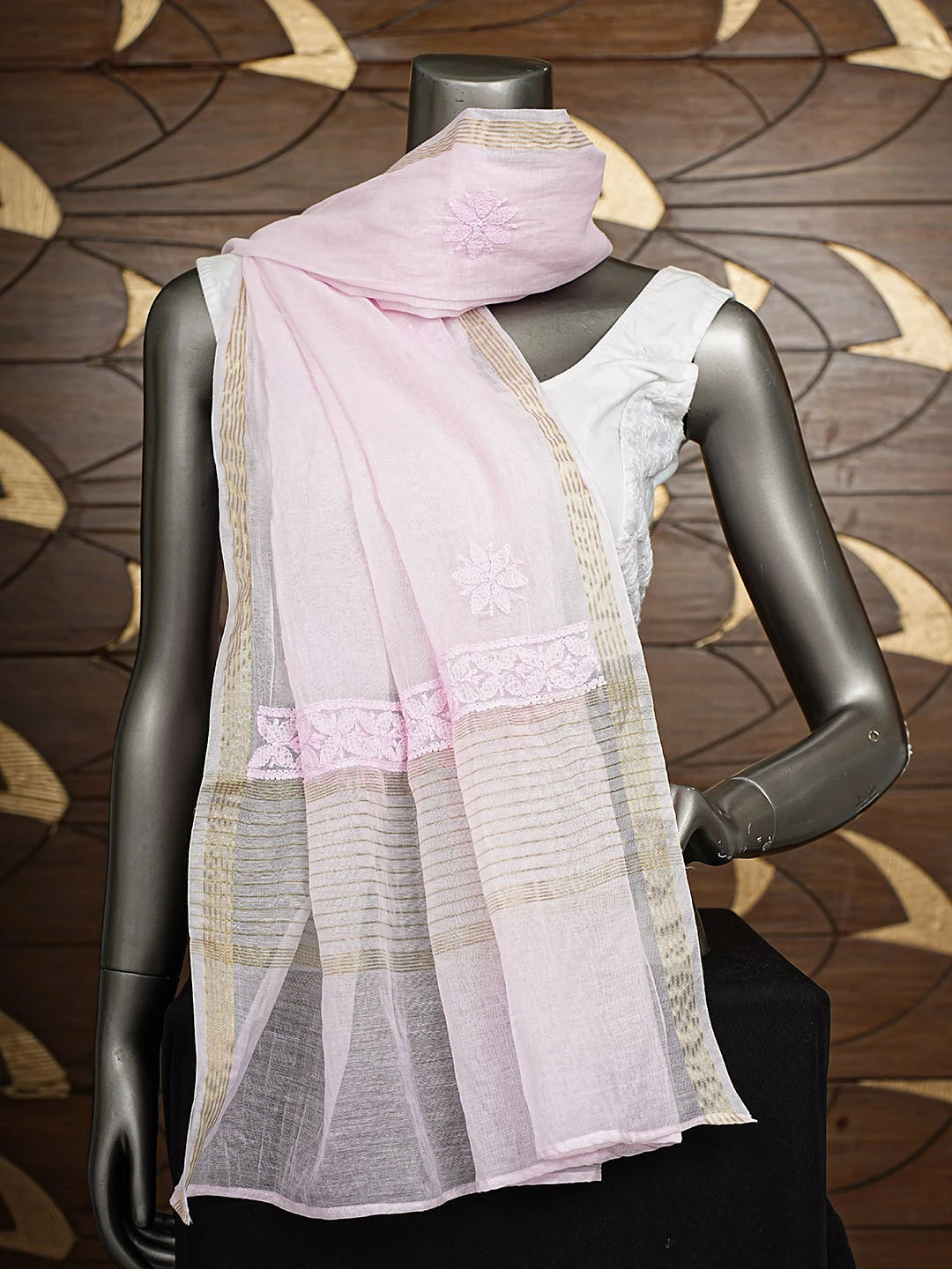 Ada Hand Embroidered Pink Chanderi Lucknowi Chikankari Dupatta 01A862674