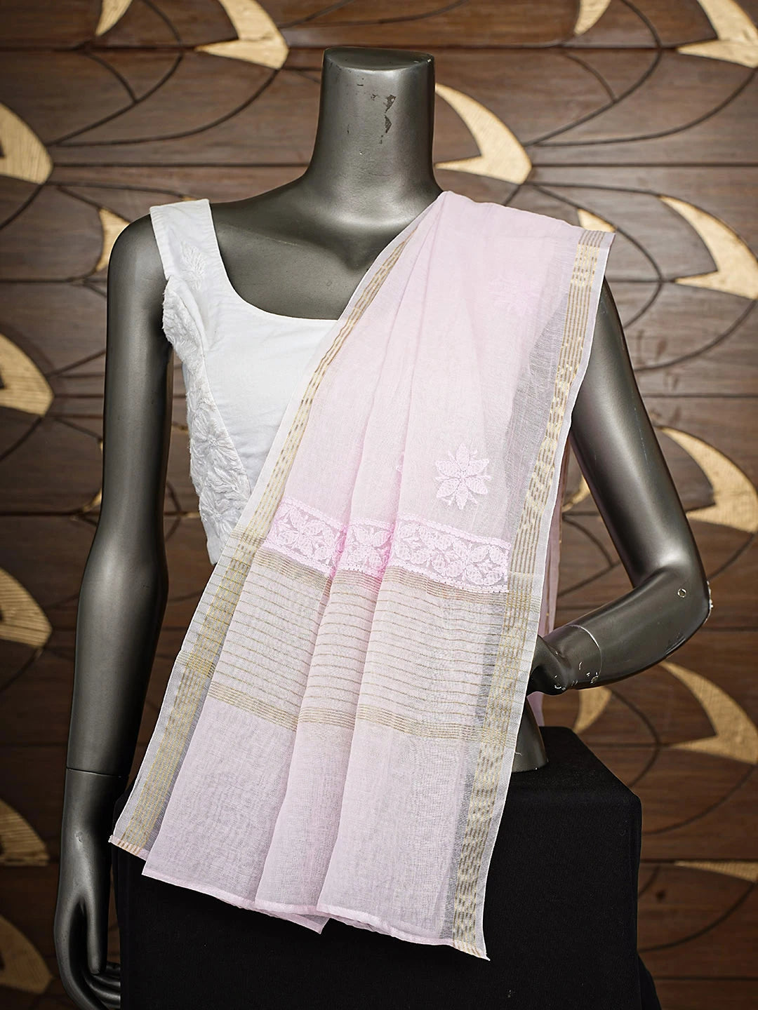 Ada Hand Embroidered Pink Chanderi Lucknowi Chikankari Dupatta 01A862674