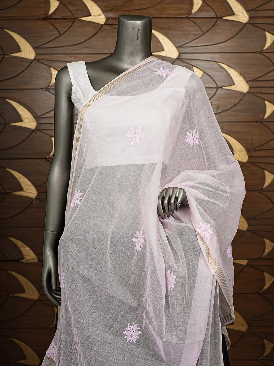 Ada Hand Embroidered Pink Chanderi Lucknowi Chikankari Dupatta 01A862674
