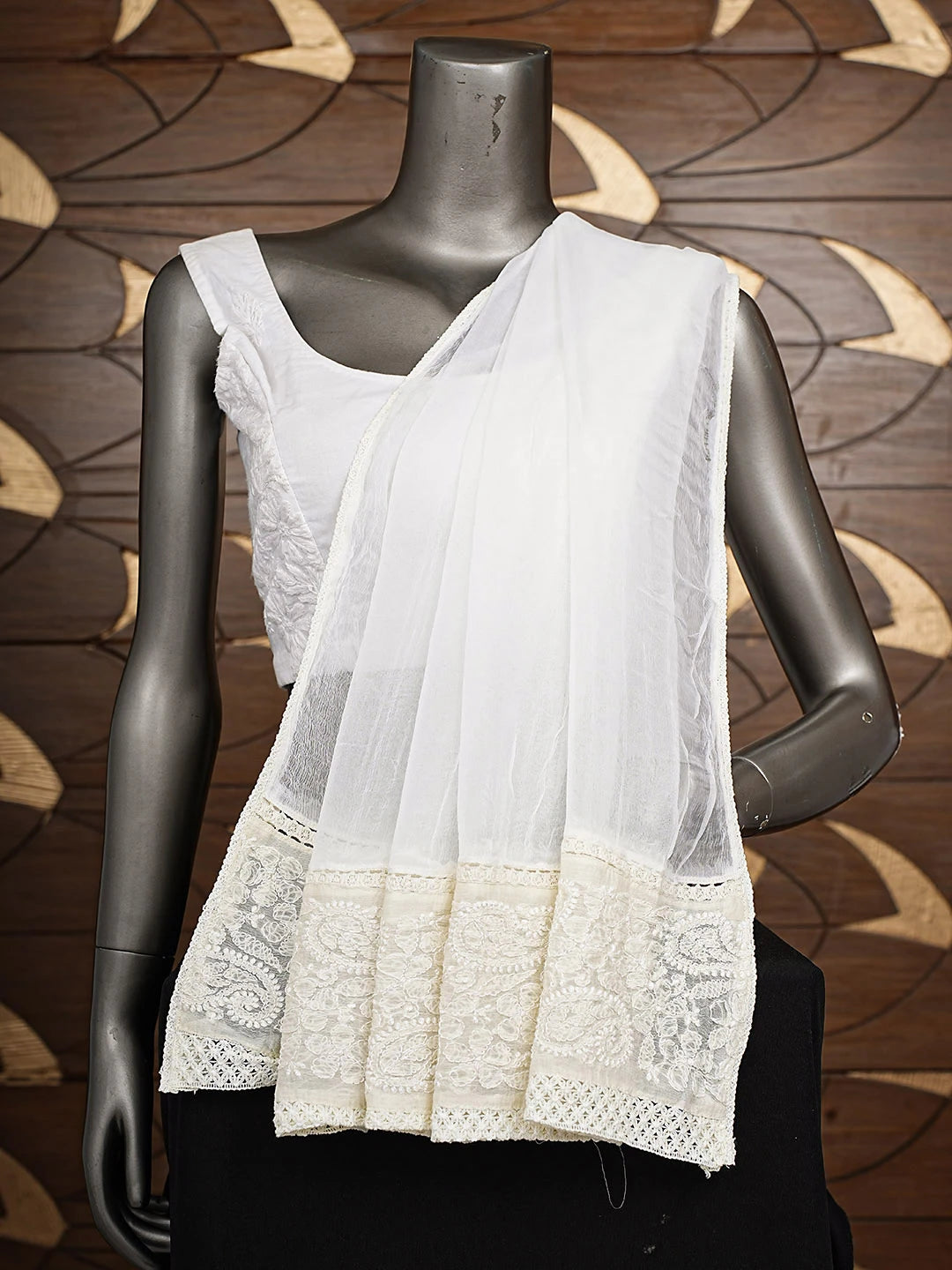 Ada Hand Embroidered Cream Chiffon Lucknowi Chikankari Dupatta 01A822003