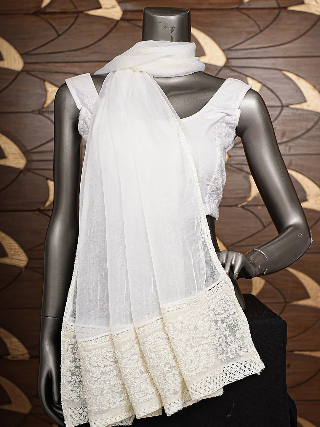 Ada Hand Embroidered Cream Chiffon Lucknowi Chikankari Dupatta 01A822003