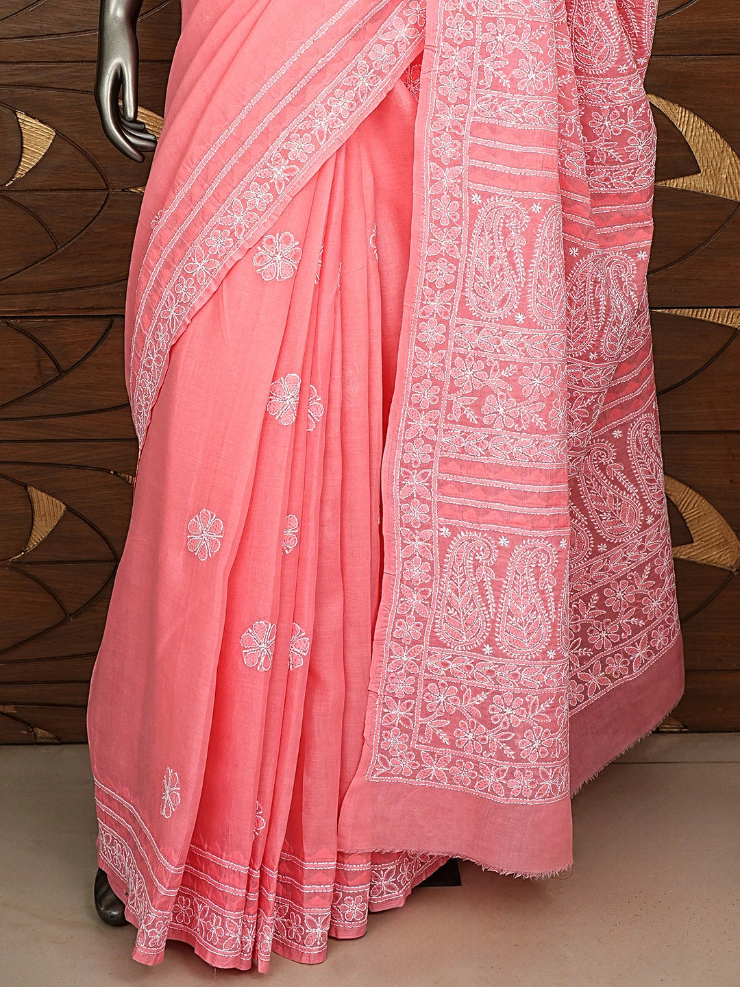 Ada Hand Embroidered Peach cotton Lucknowi Chikankari Saree and Blouse 01A838198