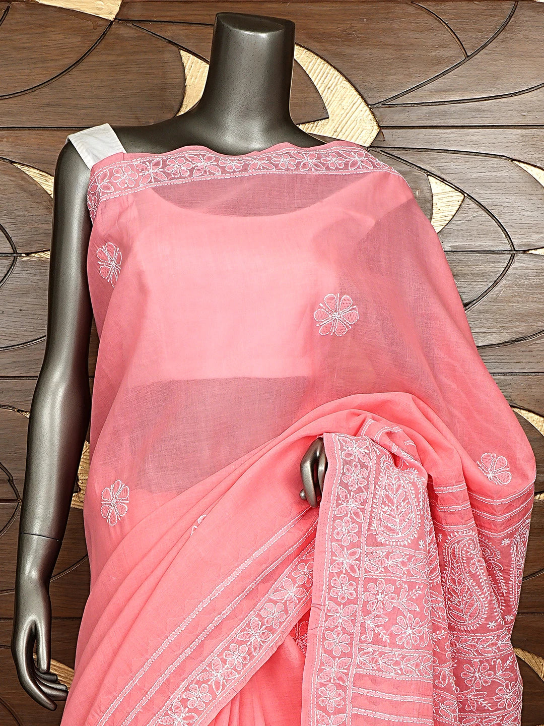 Ada Hand Embroidered Peach cotton Lucknowi Chikankari Saree and Blouse 01A838198