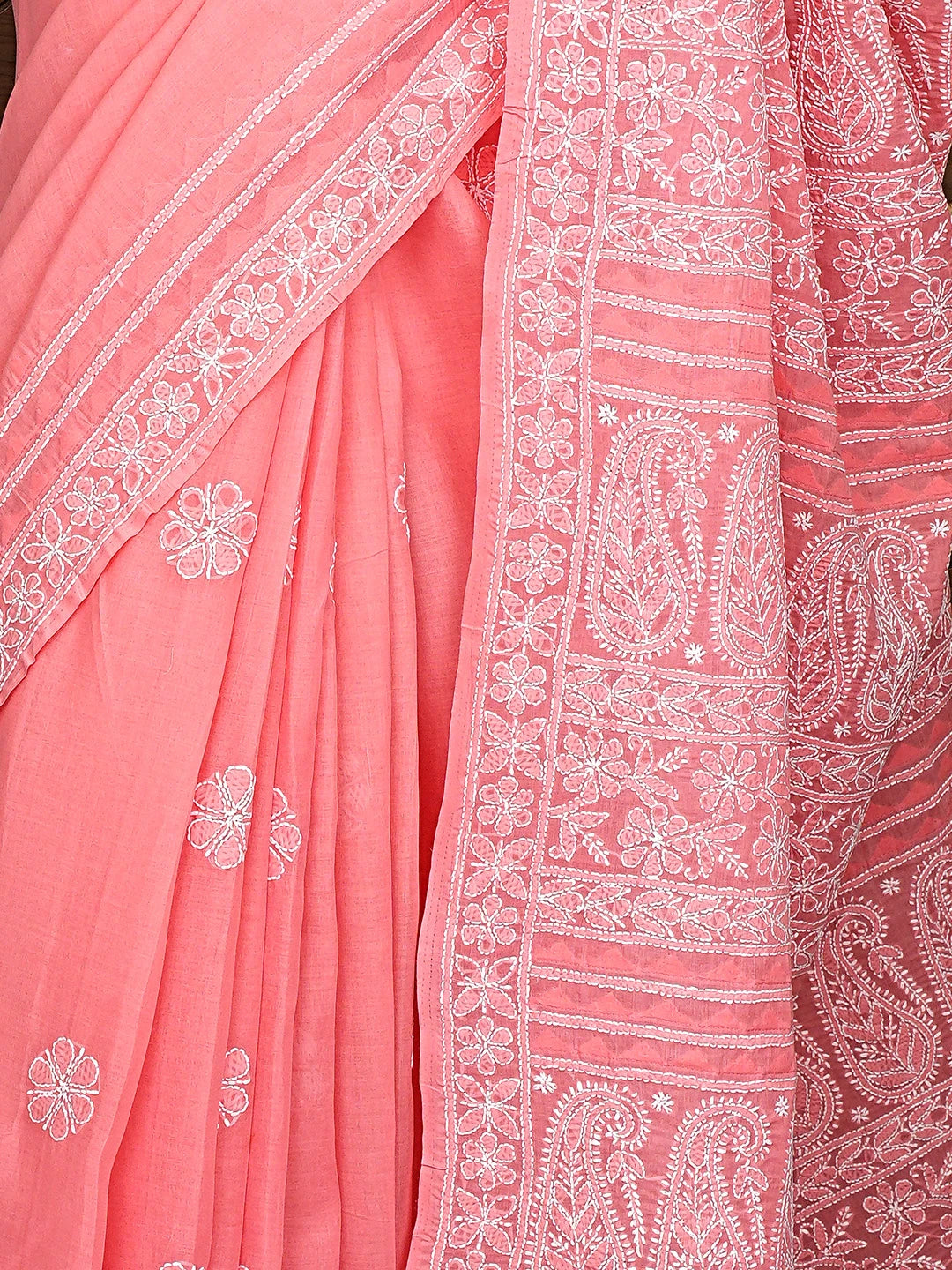 Ada Hand Embroidered Peach cotton Lucknowi Chikankari Saree and Blouse 01A838198
