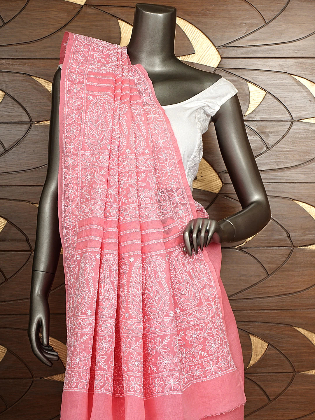 Ada Hand Embroidered Peach cotton Lucknowi Chikankari Saree and Blouse 01A838198