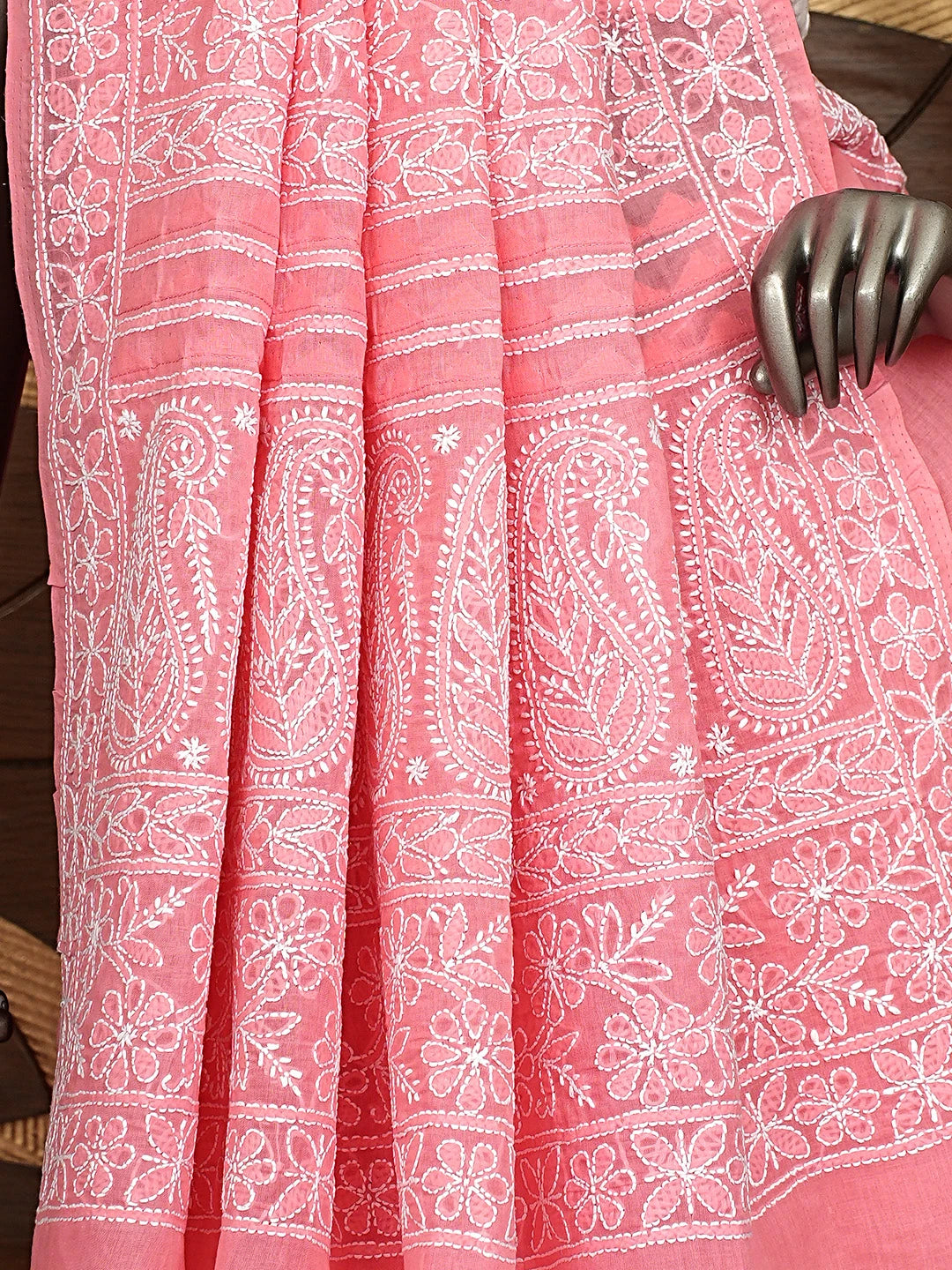 Ada Hand Embroidered Peach cotton Lucknowi Chikankari Saree and Blouse 01A838198