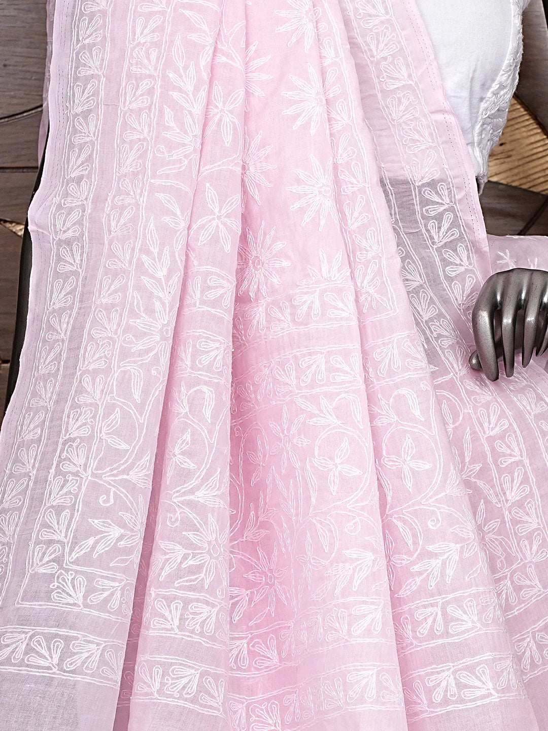 Ada Hand Embroidered Pink cotton Lucknowi Chikankari Saree and Blouse 01A873379